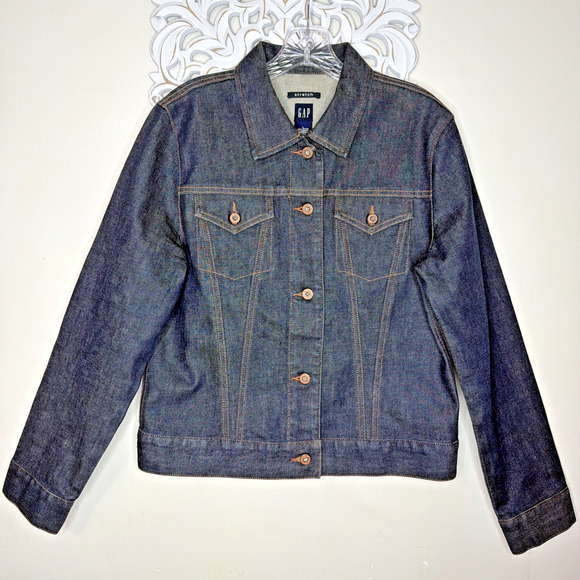 GAP Denim Stretch Jacket Women's size LARGE Made in Hong Kong Dark Wash Blue - Picture 2 of 12